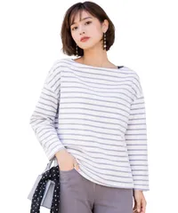 [グリーンパキラ] オフィスカジュアル レディース トップス 春 秋 カットソー ボーダー 長袖 レディーストップス ボーダーtシャツ 春服 秋服 プルオーバー ボートネック 女性 ファッション 服 ウーマン レディー [白×グレーボーダー] [M] [標準]