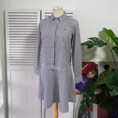 ラコステ ロゴパッチ フェイクレイヤード ストライプ柄 シャツ ワンピース ブラック / ホワイト レディース