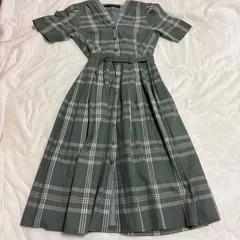 チェックワンピース フリーサイズ M相当 ロング丈 グリーン ベルト付き 美シルエット 半袖 ウエストマーク 春夏