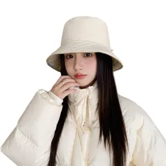 [Karsaer] バケットハット レディース 帽子 ダウン風素材 秋 冬 防寒防風 暖かい 小顔効果 柔らかい UV カット レディースハット あご紐付き 折りたたみ 無地 サイズ調整可能 G0258のサムネイル
