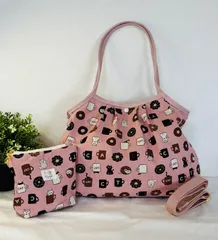 【裁縫ストア・ボヌール】大人かわいい　猫カップドーナツ柄　大きめ　ビッグサイズ　トートバッグ　グラニーバッグ　ポーチ　ショルダーバッグ　サコッシュ　ショルダーストラップ付き  インド刺繍リボン　ハンドメイド/ №500-818