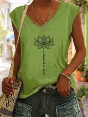 【グリーン】タンクトップ レディース ノースリーブ Vネック ノースリーブTシャツ トップス プリント ゆったり 体型カバー カジュアル 夏