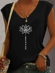 【ブラック】タンクトップ レディース ノースリーブ Vネック ノースリーブTシャツ トップス プリント ゆったり 体型カバー カジュアル 夏