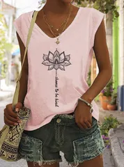 【ピンク】タンクトップ レディース ノースリーブ Vネック ノースリーブTシャツ トップス プリント ゆったり 体型カバー カジュアル 夏