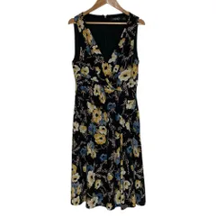 美品 LAUREN RALPH LAUREN ローレンラルフローレン フラワープリント ノースリーブ カシュクール ワンピース 6 ブラック ベージュ レディース 古着 中古 USED