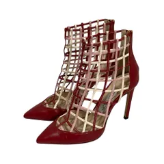 美品 JIMMY CHOO ジミーチュウ レザー ポインテッドトゥ メッシュ ショートブーツ ブーティ 36.5 約23.5cm レッド系 レディース 古着 中古 USED