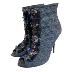 美品 TRUSSARDI トラサルディ ツイード切替 オープントゥ デニムキルティング ショートブーツ 37 23.5cm程度インディゴ レディース 古着 中古 USEDのサムネイル
