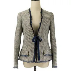 良品 ETRO エトロ ツイード ノーカラージャケット 40 ホワイト ブルー レディース 古着 中古 USEDのサムネイル