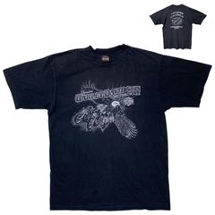 ハーレーダビッドソン USA製 ヴィンテージ イーグル 鷲 ヴィンテージ・グラフィック モーターサイクル バー&シールドロゴ カナダ 両面プリント XL ビッグシルエット ダイナミック ブラック 黒 Tシャツ レディース ユニセックス メンズ古着 半袖 CHM