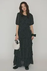 ドットティアードロマンティックワンピ Frene フラーネ同型 ドット柄 ティアードフリル ロング丈ワンピース
