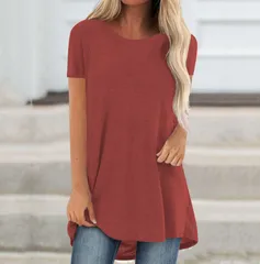 【ワインレッド】Tシャツ レディース ロング丈 ロングTシャツ 半袖 チュニック トップス 体型カバー ゆったり 無地 カジュアル 夏 大きいサイズ シンプル