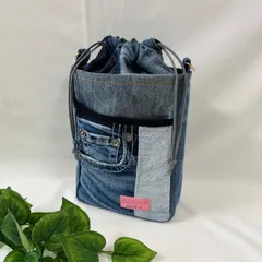 ハンドメイド デニムリメイク 巾着付きショルダーバッグ スクエア ショルダー紐なし