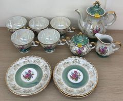 豪華 ティーセット 15点 花柄 金彩 グリーン パール調 カップ 