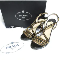 美品 PRADA プラダ スタッズ エナメル バックストラップ ピンヒール サンダル 37 23.5cm相当 ブラック ゴールド金具 レディース 古着 中古 USED