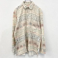 長袖プリント柄シャツ　エスニックデザイン　ネイティブ柄　総柄　個性的　レトロ　ベージュ　Lサイズ　古着