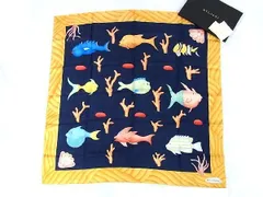 ■新品■未使用■ BVLGARI ブルガリ シルク100% フィッシュ 魚 大判 スカーフ ストール レディース イエロー系×ネイビー系 AV1732のサムネイル