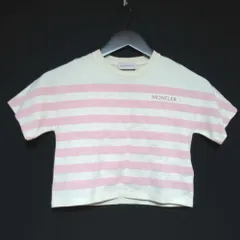 美品 MONCLER モンクレール キッズ ボーダー柄 ロゴ 半袖 クルーネック Tシャツ カットソー 子供服 8anni 130cm ピンク×アイボリー キッズ 古着 中古 USED