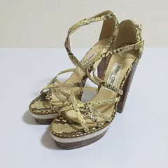 良品 JIMMY CHOO ジミーチュウ パイソンレザー ハイヒール ストラップ サンダル 37 約24cm ベージュ系 レディース 古着 中古 USED