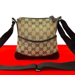 極 美品 GUCCI グッチ GG ロゴ キャンバス パンチング レザー 本革 ミニ ショルダーバッグ ポシェット サコッシュ ブラウン 21765