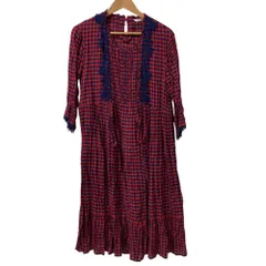 美品 PINK HOUSE ピンクハウス フリルレース チェック 長袖 ロングワンピース レッド×ネイビー レディース 古着 中古 USED