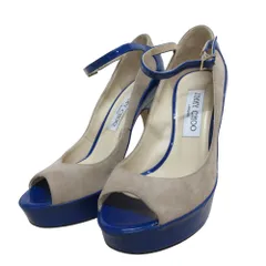 美品 JIMMY CHOO ジミーチュウ スエード エナメル オープントゥ ハイヒール パンプス 35 22.0cm相当 ベージュ ブルー レディース 古着 中古 USED
