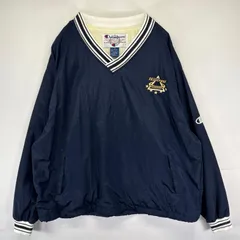 古着 チャンピオン Champion ジャケット ナイロンプルオーバー Vネック 刺繍企業ロゴ 2XL  ネイビー系 メンズ