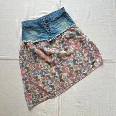 00s　archive　アーカイブ古着　蝶　パピヨン柄　シフォン生地　アシンメトリー　異素材切り替え　フリンジ加工　デニムスカート　Aライン　M　Y2K　平成レトロ　ギャル　グランジ　papillon pattern chiffon denim skirt