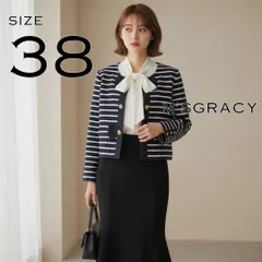 M'S GRACY エムズグレイシー 日本製 カメリアボタン リボン ボーダー柄 ノーカラージャケット 38(M) 紺ネイビー×白ホワイト【古着】【中古】【送料無料】のサムネイル