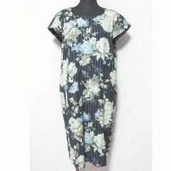 美品 INGEBORG インゲボルグ フラワープリント ストライプ ウール ショートスリーブ ひざ丈 ワンピース 3 ネイビー レディース 古着 中古 USED