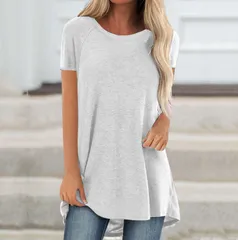 【ホワイト】Tシャツ レディース ロング丈 ロングTシャツ 半袖 チュニック トップス 体型カバー ゆったり 無地 カジュアル 夏 大きいサイズ シンプル