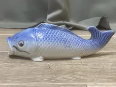 陶器 魚の彫刻 青白 青い魚形陶器 鯛 壁付け 花瓶 フィッシュウォールポケット 木製彫刻