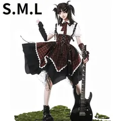 新品 未使用 ロリータ ワンピース OP レディース ジャンパースカート ブラウス アームカバー チェック柄 ブラック×レッド 甘辛 ダークロリ 病みかわいい Y2K 地雷系