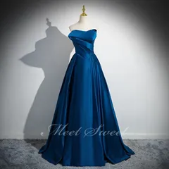 新品 カラードレス プリンセスライン ブルー 青 ベアトップ サテン ロングドレス ウェディングドレス 結婚式 二次会 演奏会 発表会 ステージ衣装 ウエディングドレス パーティードレス ブライダル  演出 イブニングドレス コンサート コンクール