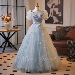 新品 未使用 カラードレス ライトブルー パフスリーブ 演奏会 発表会 二次会 花嫁 ウエディングドレス コンクール 大人 ウェディングドレス プリンセスライン 編み上げ ロングドレス 前撮りドレス イブニングドレス イベント Aラインドレス プリンセスドレス