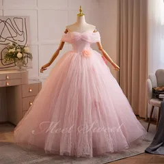 新品 カラードレス ピンク チュール オフショルダー 演奏会 発表会 二次会 花嫁 ウエディングドレス コンクール 大人 ウェディングドレス プリンセスライン 編み上げ ロングドレス 前撮りドレス イブニングドレス イベント Aラインドレス プリンセスドレス