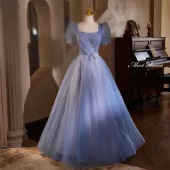 新品 未使用 カラードレス ブルー プリンセスライン パフスリーブ 半袖 ロング ウェディングドレス 結婚式 二次会 花嫁 前撮り 演奏会 発表会 ステージ衣装 イブニングドレス