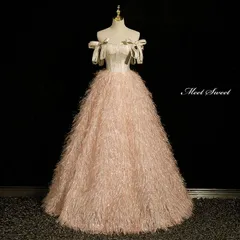 新品 未使用 カラードレス プリンセスライン シャンパン フェザー オフショルダー ロングドレス ウェディングドレス 結婚式 二次会 花嫁 前撮り 演奏会 発表会 ステージ衣装 ウエディングドレス パーティードレス ブライダル