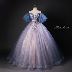 新品 未使用 カラードレス プリンセスライン ロングドレス ブルー オフショルダー フリル袖 ウェディングドレス 結婚式 二次会 花嫁 前撮り 演奏会 発表会 ステージ衣装 ウエディングドレス パーティードレス ブライダル