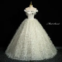 新品 未使用 カラードレス プリンセスライン ロングドレス シルバー フェザー オフショルダー ウェディングドレス 結婚式 二次会 花嫁 前撮り 演奏会 発表会 ステージ衣装 ウエディングドレス パーティードレス ブライダル