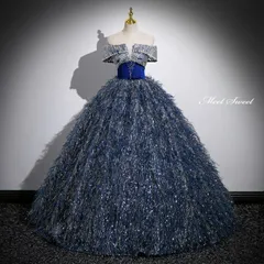 新品 カラードレス プリンセスライン ロングドレス ブルー オフショルダー フェザー風 青 ウェディングドレス 結婚式 二次会 発表会 ステージ衣装 ウエディングドレス パーティードレス ブライダル 演奏会 イブニングドレス コンサート コンクール