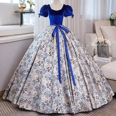 新品 未使用 カラードレス プリンセスライン 青 ブルー パフスリーブ 半袖 花柄 ロングドレス ウェディングドレス 結婚式 二次会 花嫁 前撮り 演奏会 発表会 ステージ衣装 ウエディングドレス パーティードレス ブライダル 大人 舞台