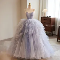 新品 カラードレス ロングドレス プリンセスドレス ブルー 袖なし 結婚式 二次会 発表会 演奏会 ウェディングドレス ウエディングドレス コンサート イブニングドレス パーティードレス ステージドレス 披露宴 コンクール ブライダル フリル 青 演奏会用