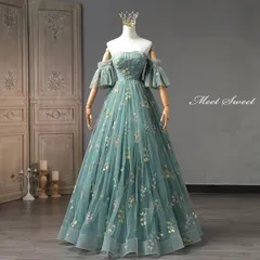 新品 カラードレス 3way 付け袖 グリーン 編み上げ ロングドレス 結婚式 二次会 発表会 演奏会 ウェディングドレス ウエディングドレス 花嫁 前撮り プリンセスドレス イブニングドレス コンサート パーティードレス ブライダル 披露宴 舞台演出衣装