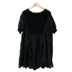 美品 FRENCH PAVE フレンチパヴェ レース 切替 半袖 フレア ミニワンピース ブラック レディース 古着 中古 USED