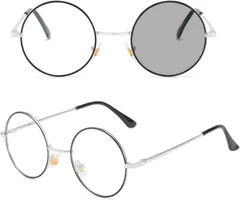 REONAS 丸メガネ ブル―ライトカット 調光変色 ラウンドメガネ ファッション 眼鏡 デスクワーク 外出 PCメガネ (黒xシルバー,  22-45-138)