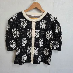 レディース フラワー パフショルダー 半袖 ブラック カーディガン F JJ1023