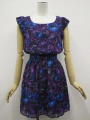 定価\1,900 新品タグ付 フォーエバー21 FOREVER21 洗えるひざ丈 フリルスリーブ 半袖 ラウンドネック ワンピース S 紺 紫 ライトブルー 花柄 メール便可 中古