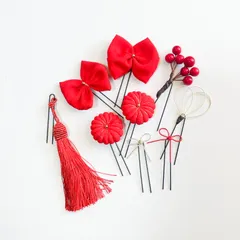 〔523〕七五三髪飾り　赤　ヘッドドレス　ヘアアクセサリー　ヘアピン　リボン　古布リボン　七五三　卒業式　成人式