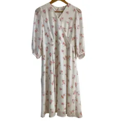 美品 ALMA EN ROSE HANAE MORI アルマンローズ ハナエモリ フラワープリント シフォン カシュクールワンピース サイズ38 ホワイト レディース 古着 中古 USED
