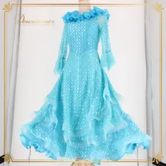 社交ダンス 衣装 prima boutique プリマブティック ドレス ワンピース スタンダード ブルー系 水色 準正装 長袖 フリル レース 花柄 競技用 スタンダード用 パーティードレス 社交ダンスドレス 花柄レース ロングスリーブ レース生地
